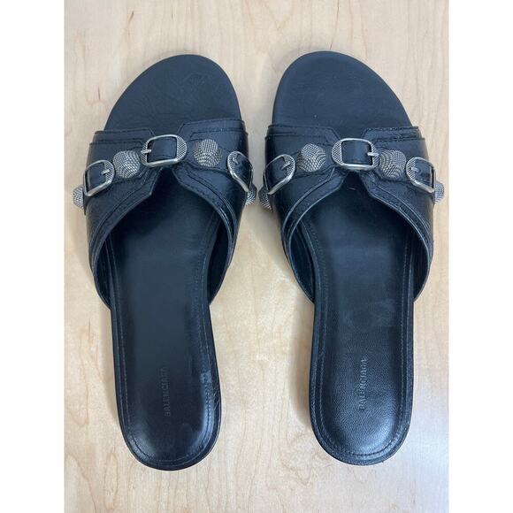 Balenciaga Cagole Embellished Textured-Leather Sandals Black and Silver Size 39 - Picture 1 of 10